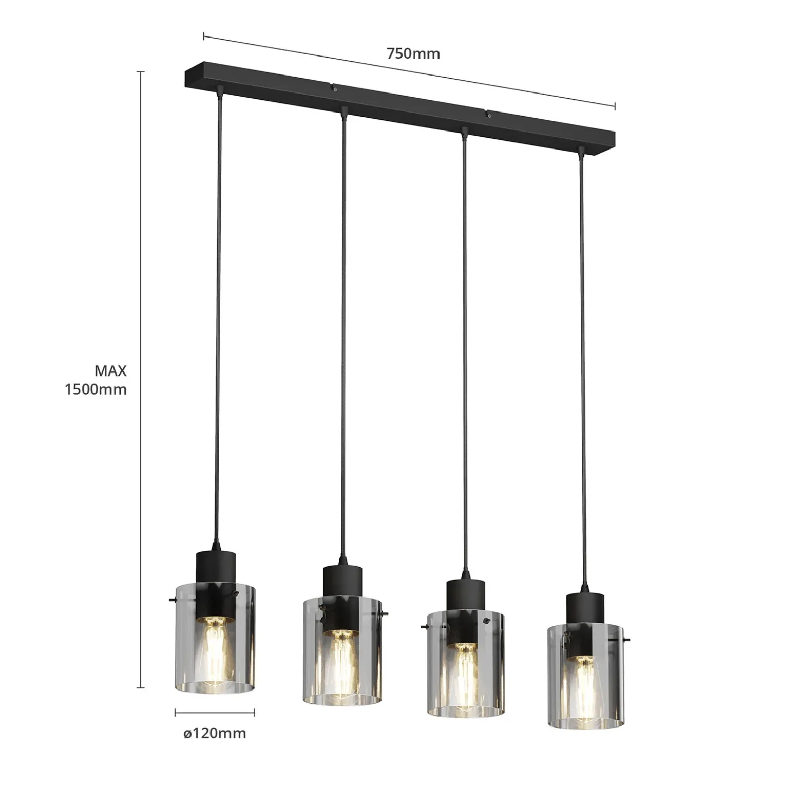 Lámpara colgante Lindby Kourtney, 4 luces, negro/gris, cristal, E27
