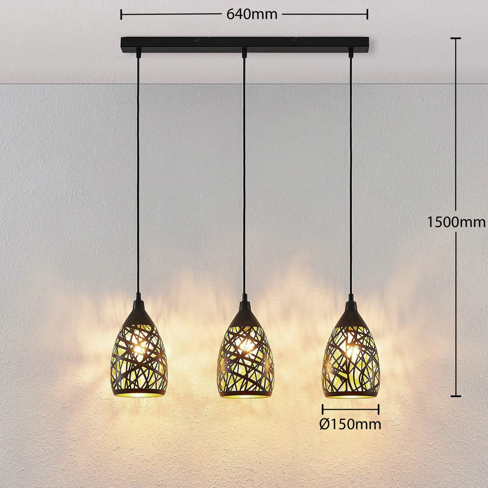 Lámpara colgante Lindby Marcello, 75 cm, 3 luces, negro-dorado