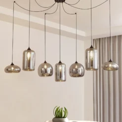 Lámpara colgante Lindby Marla, 7 luces, cristal, gris ahumado, 128cm