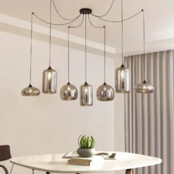 Lámpara colgante Lindby Marla, 7 luces, cristal, gris ahumado, 128cm