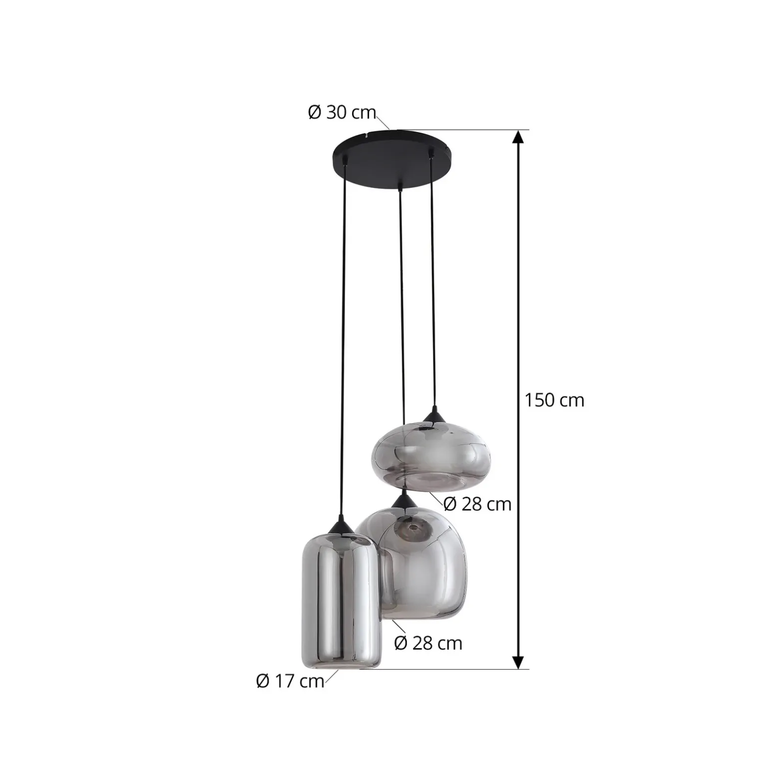 Lámpara colgante Lindby Marla, redonda, cristal, gris humo, 50 cm