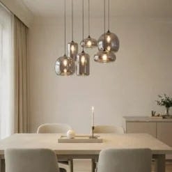 Lámpara colgante Lindby Marla, 6 luces, cristal, gris humo