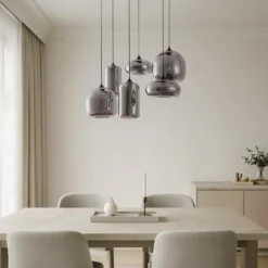 Lámpara colgante Lindby Marla, 6 luces, cristal, gris humo