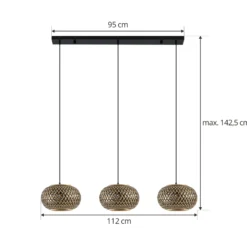 Lámpara colgante Lindby Nerys, 3 luces, negra, bambú, 1,120 cm