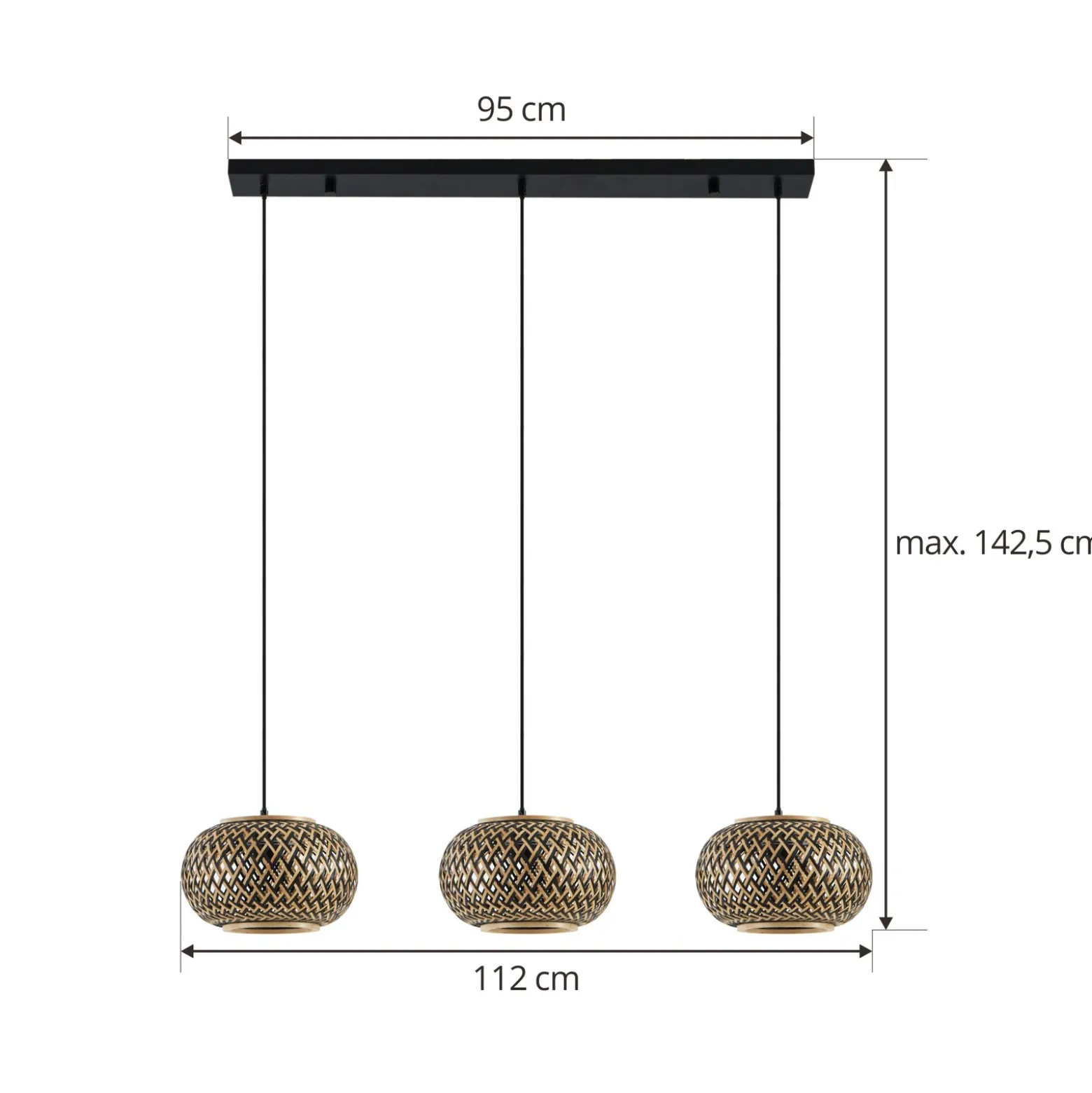 Lámpara colgante Lindby Nerys, 3 luces, negra, bambú, 1,120 cm