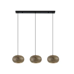 Lámpara colgante Lindby Nerys, 3 luces, negra, bambú, 1,120 cm