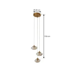 Lámpara colgante Lindby Piatra, Ø25cm, 3 luces, coñac/latón, cristal