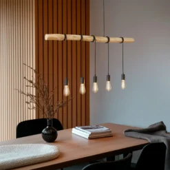 Lámpara colgante Lindby Rom, 5 luces, madera, cuerda, negro, 116 cm