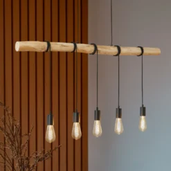Lámpara colgante Lindby Rom, 5 luces, madera, cuerda, negro, 116 cm