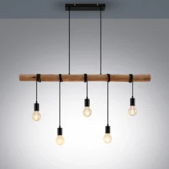 Lámpara colgante Lindby Rom, 5 luces, madera, cuerda, negro, 116 cm