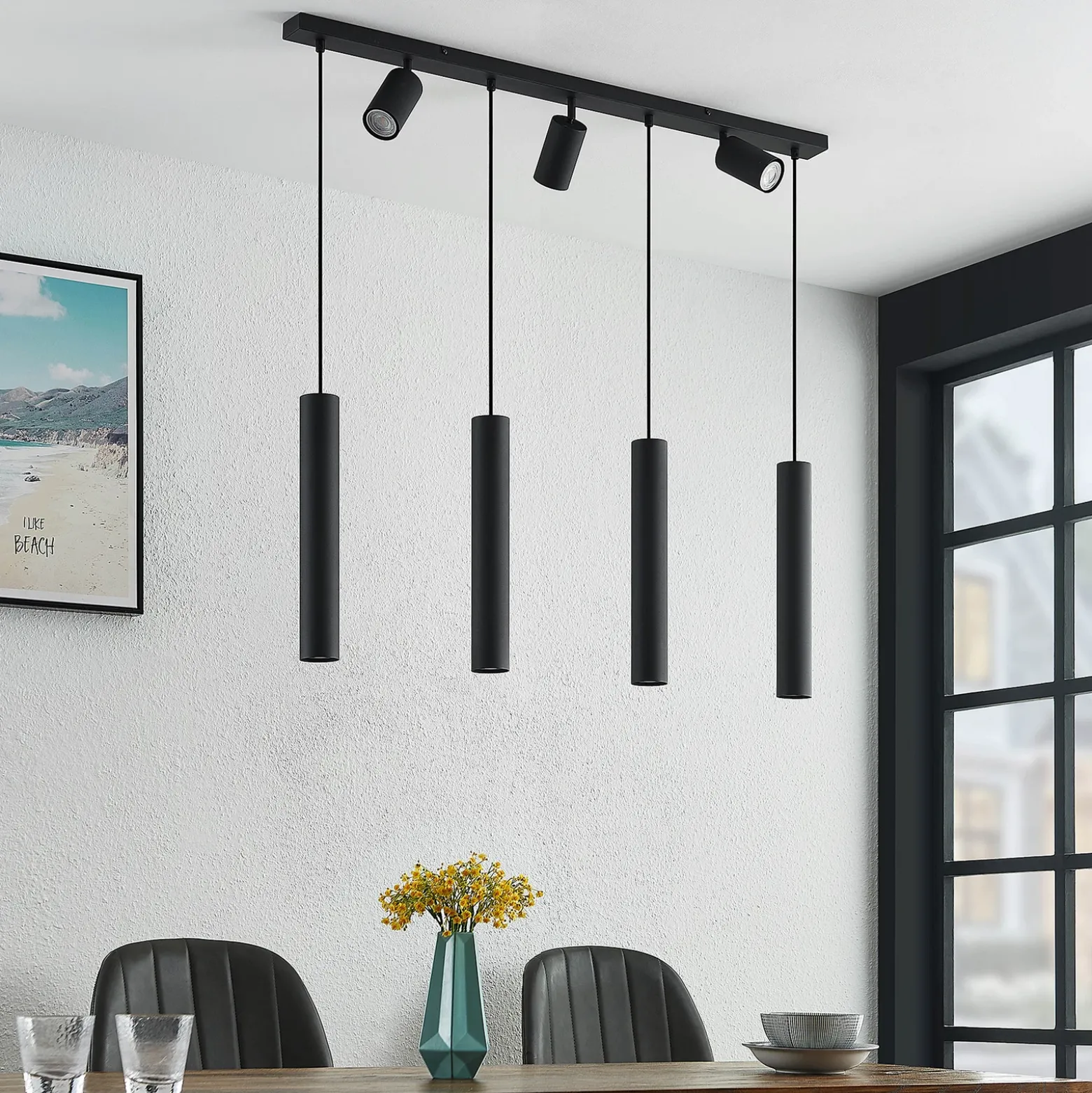 Lámpara colgante Lindby Sanad, 100 cm, 7 luces, negro, GU10