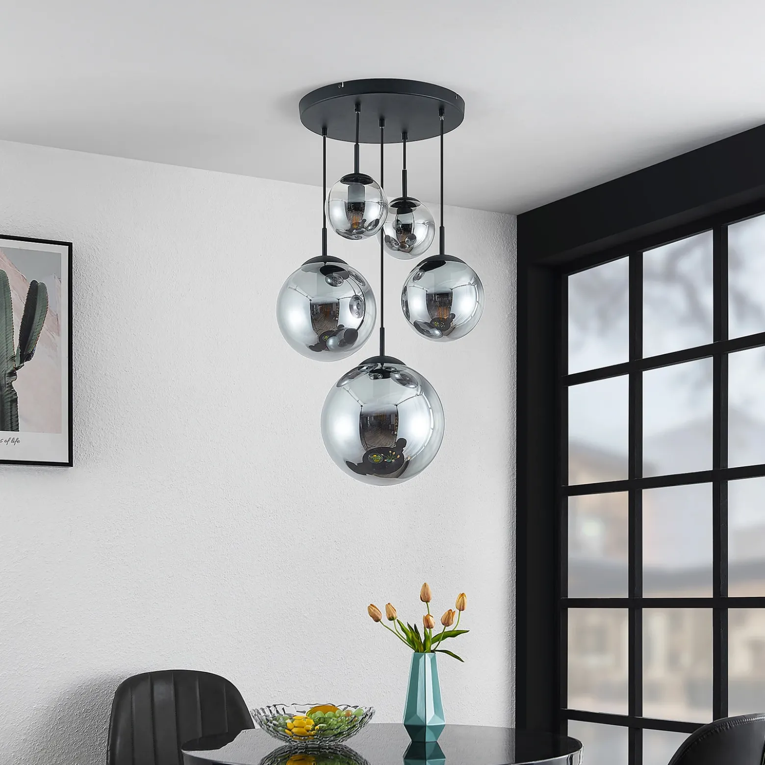 Lámpara colgante Lindby Teeja, ahumada, 5 luces, Ø50cm, cristal, E27