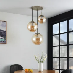 Lámpara colgante Lindby Teeja, ámbar, 3 luces, Ø52cm, cristal, E27