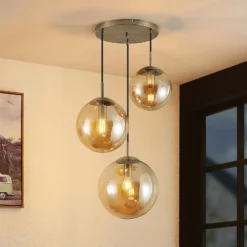 Lámpara colgante Lindby Teeja, ámbar, 3 luces, Ø52cm, cristal, E27