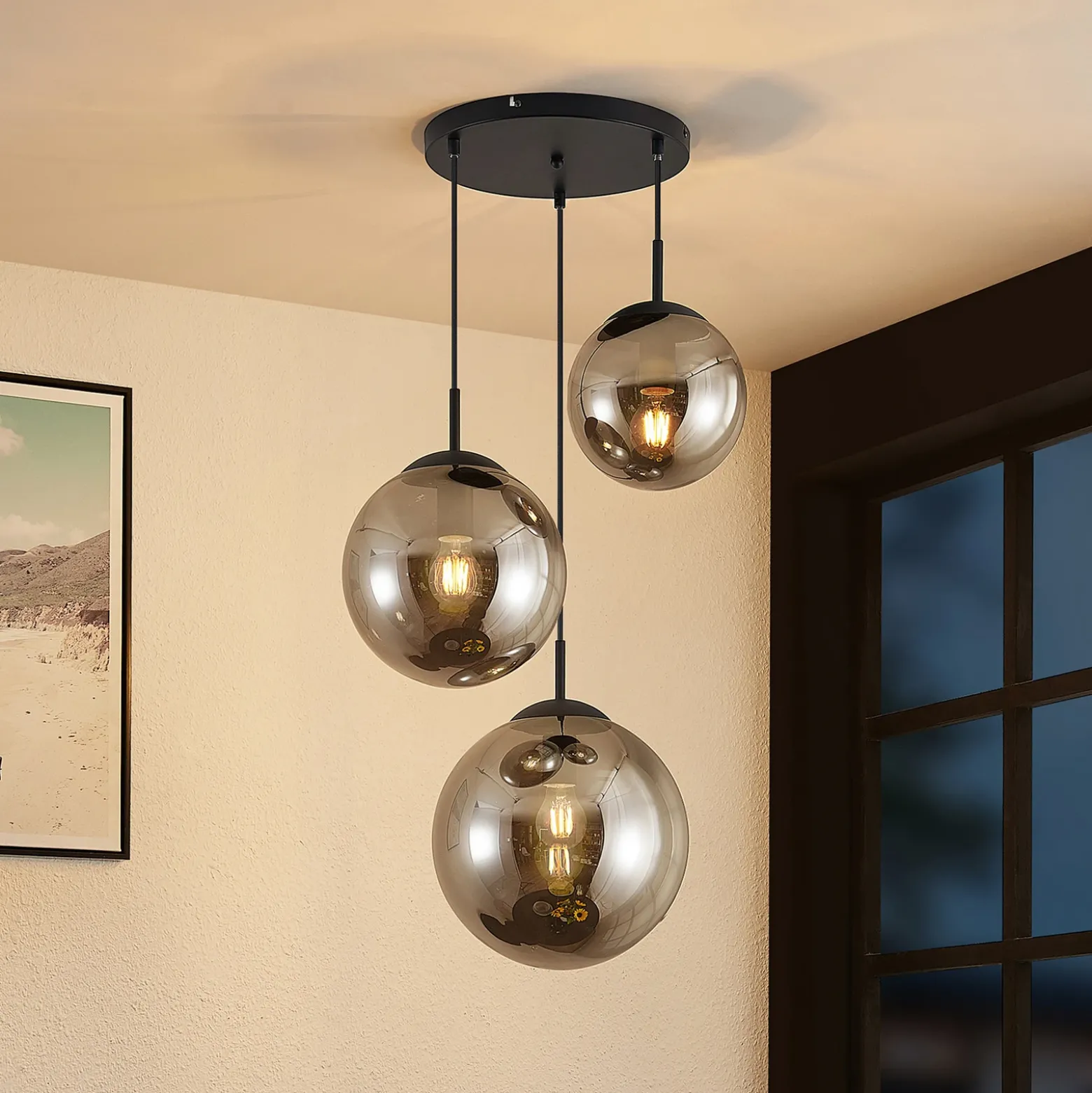 Lámpara colgante Lindby Teeja, ahumada, 3 luces, Ø52cm, cristal, E27