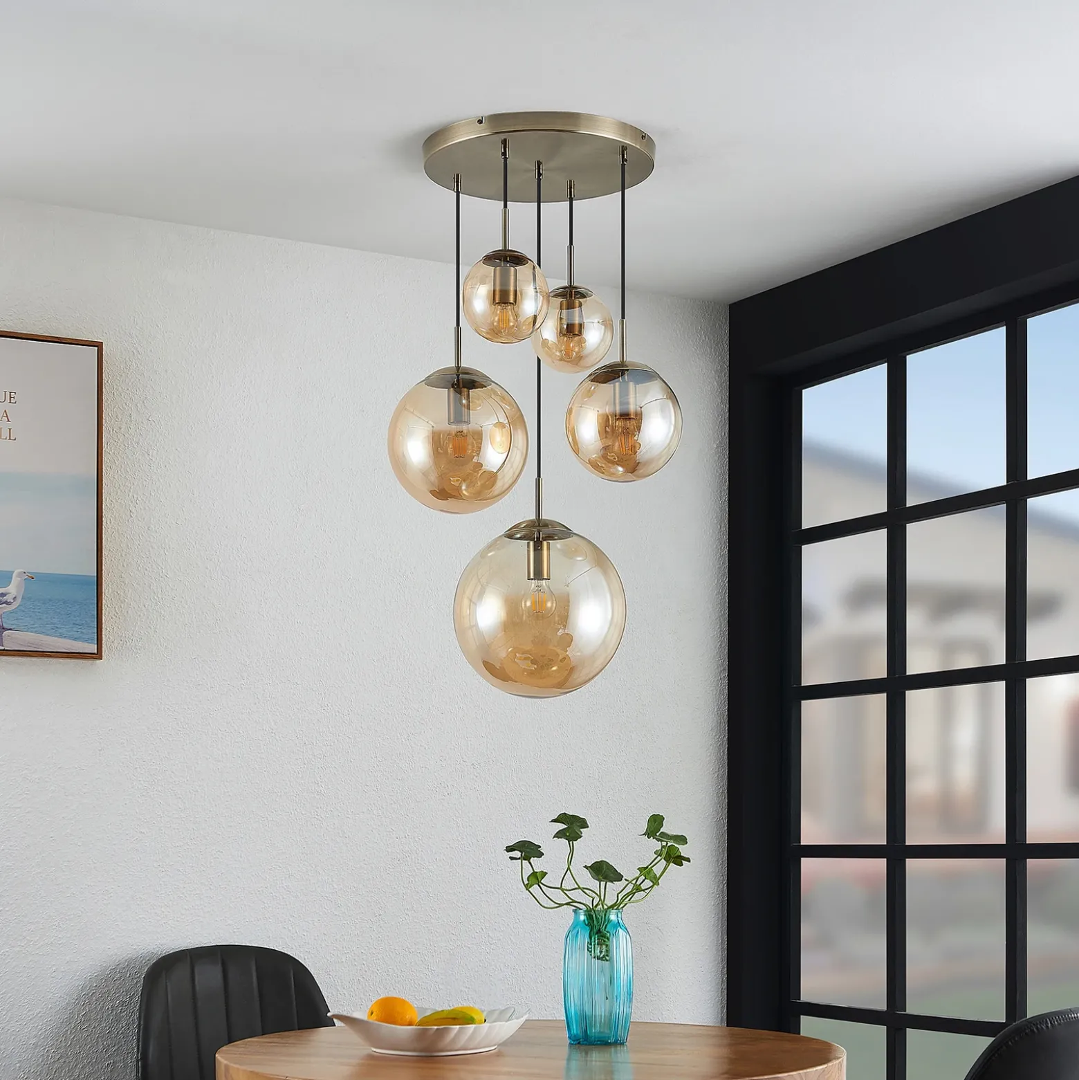 Lámpara colgante Lindby Teeja, ámbar, 5 luces, Ø50cm, cristal, E27