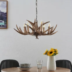 Lámpara colgante Lindby Tejask, Ø 70 cm, 6 luces, asta de ciervo, E14