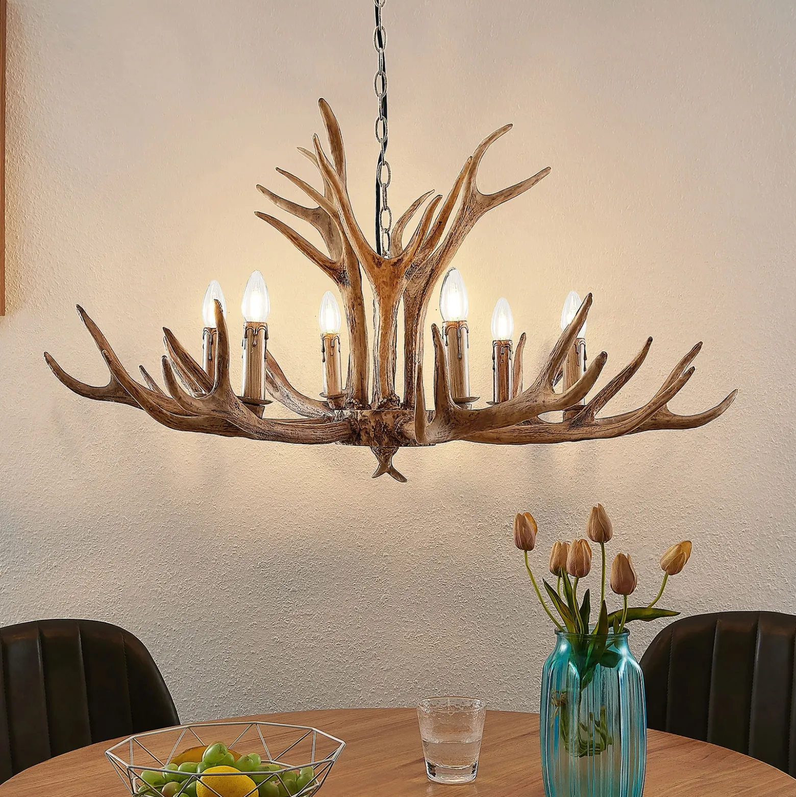Lámpara colgante Lindby Tejask, Ø 102 cm, 6 luces, asta de ciervo, E14