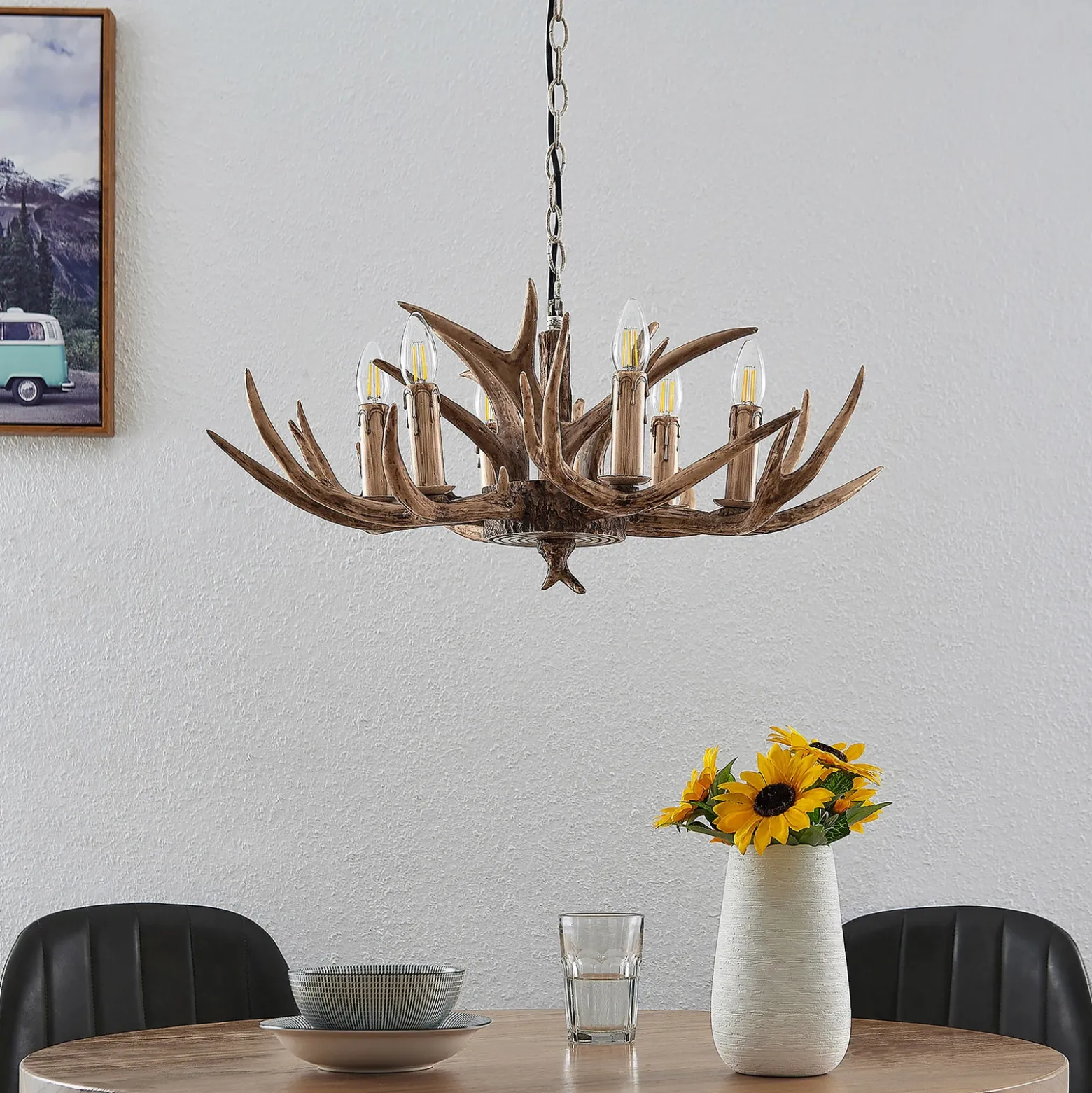 Lámpara colgante Lindby Tejask, Ø 70 cm, 6 luces, asta de ciervo, E14