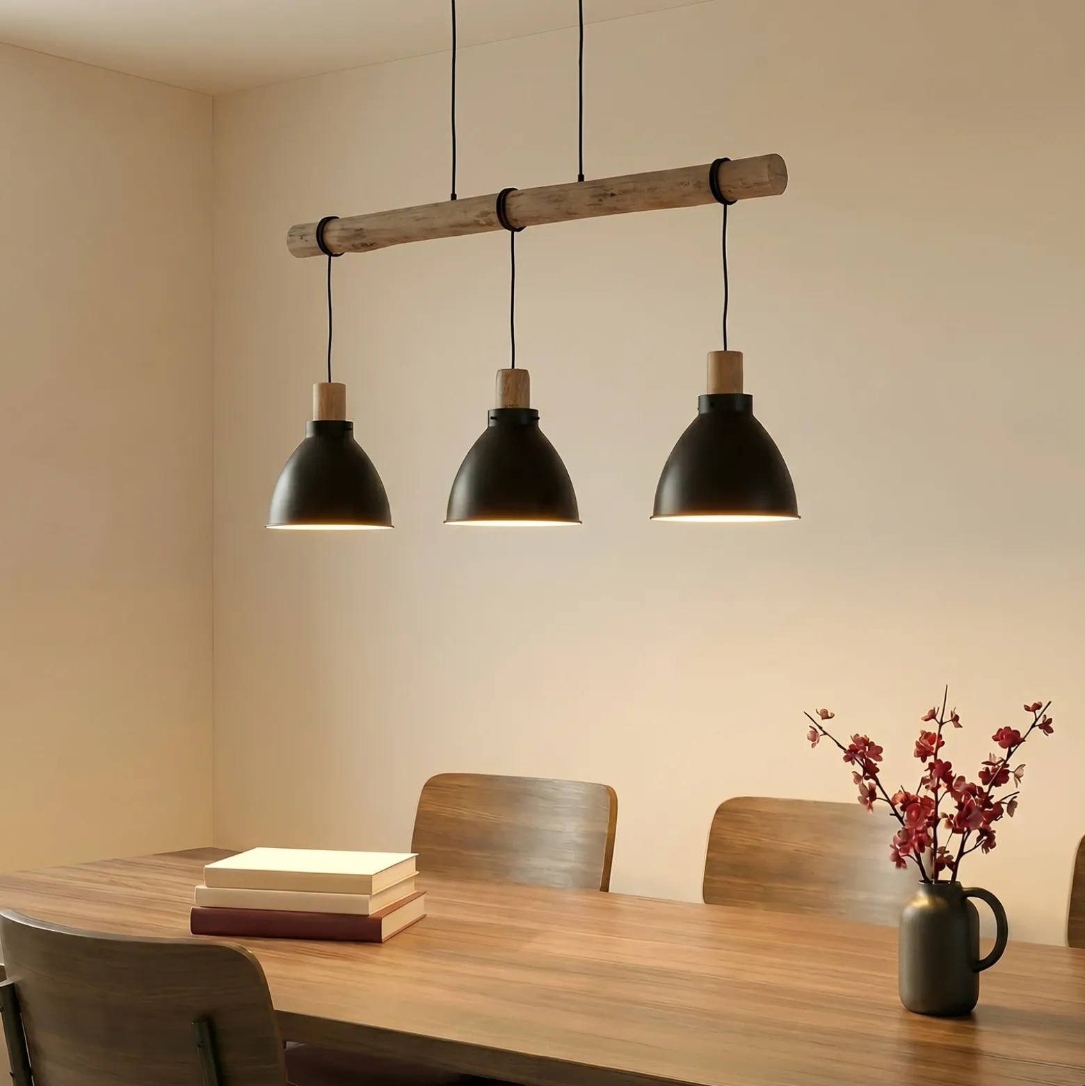 Lámpara colgante Lindby Trebale, E27, Ø 28 cm, 3 luces, madera