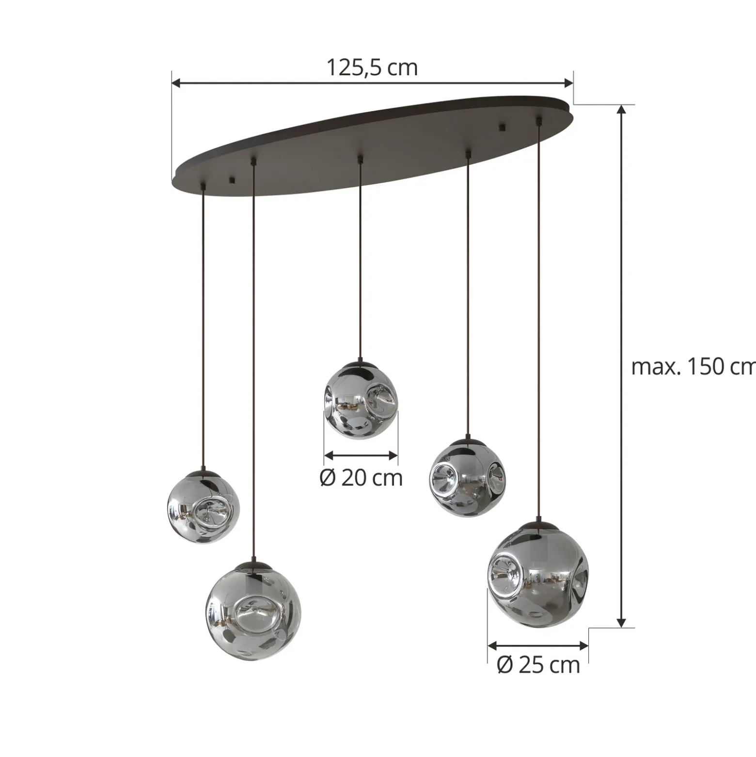 Lámpara colgante Lindby Valentina, E27, 125,5 cm de altura, gris, cristal