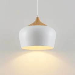 Lámpara colgante Lindby Vilsera, blanca, metal/madera, 26 cm, E27