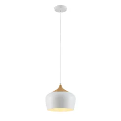 Lámpara colgante Lindby Vilsera, blanca, metal/madera, 26 cm, E27