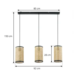 Lámpara colgante Lindby Yaelle, 92 cm de largo, 3 luces, ratán, E27