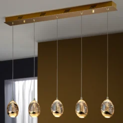 Lámpara colgante lineal LED Rocio, 5 luces, metal, cristal, dorado