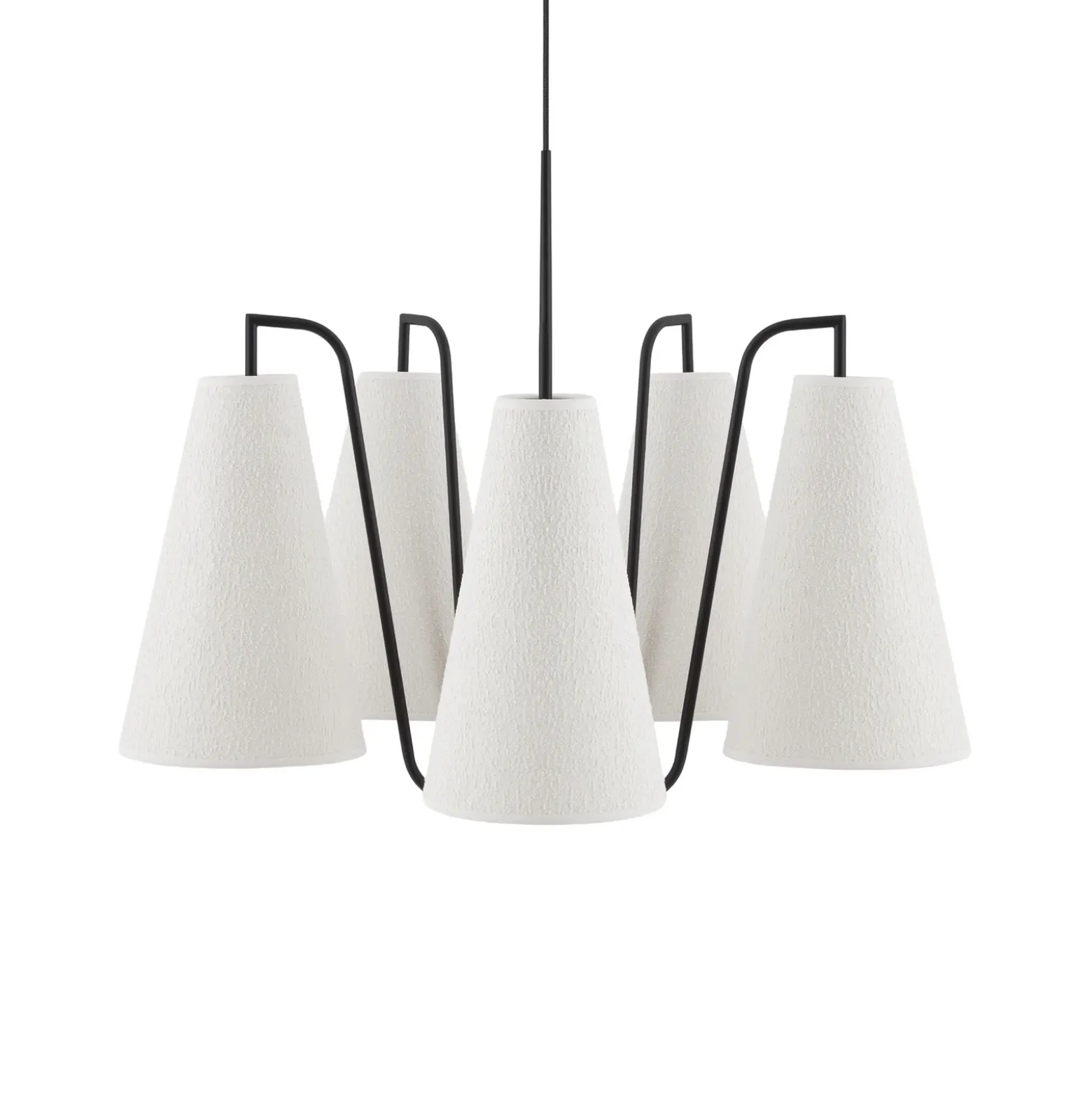 Lámpara colgante Lou 5 de Globen Lighting, en blanco bouclé y tela negra