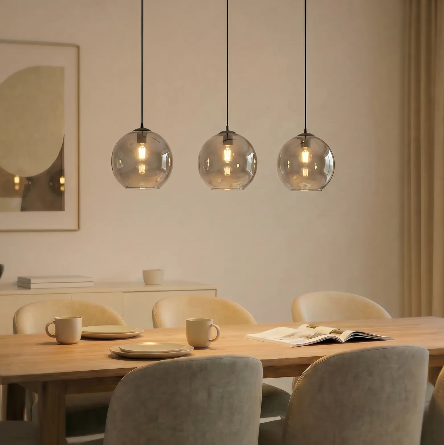 Lámpara colgante Lucande Brillar, gris humo, cristal, 3 luces, 128 cm