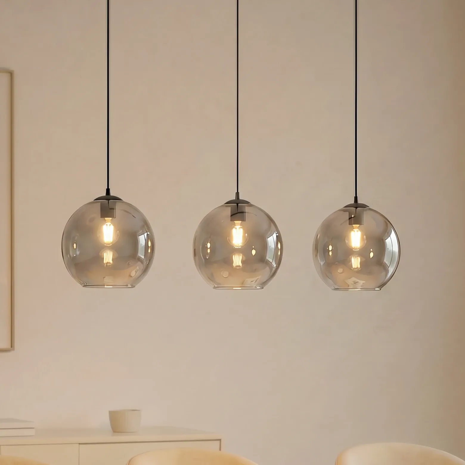 Lámpara colgante Lucande Brillar, gris humo, cristal, 3 luces, 128 cm