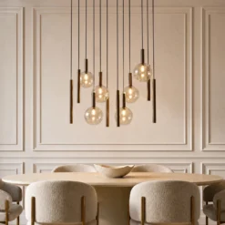 Lámpara colgante Lucande Lumavia, 12 luces, cristal, marrón/ámbar, G9