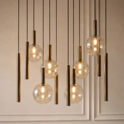 Lámpara colgante Lucande Lumavia, 12 luces, cristal, marrón/ámbar, G9