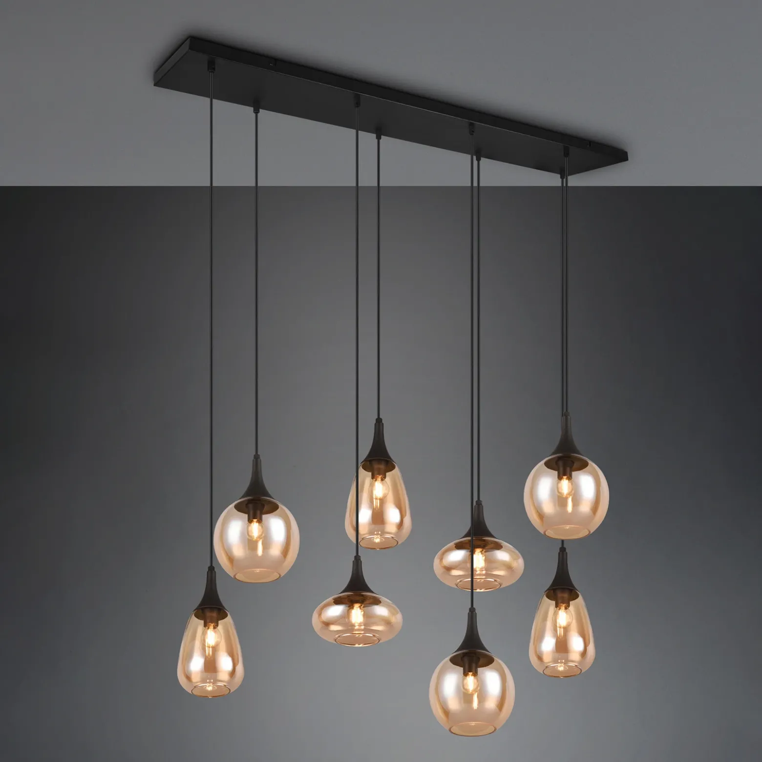 Lámpara colgante Lumina, 8 luces, negro/ámbar, cristal