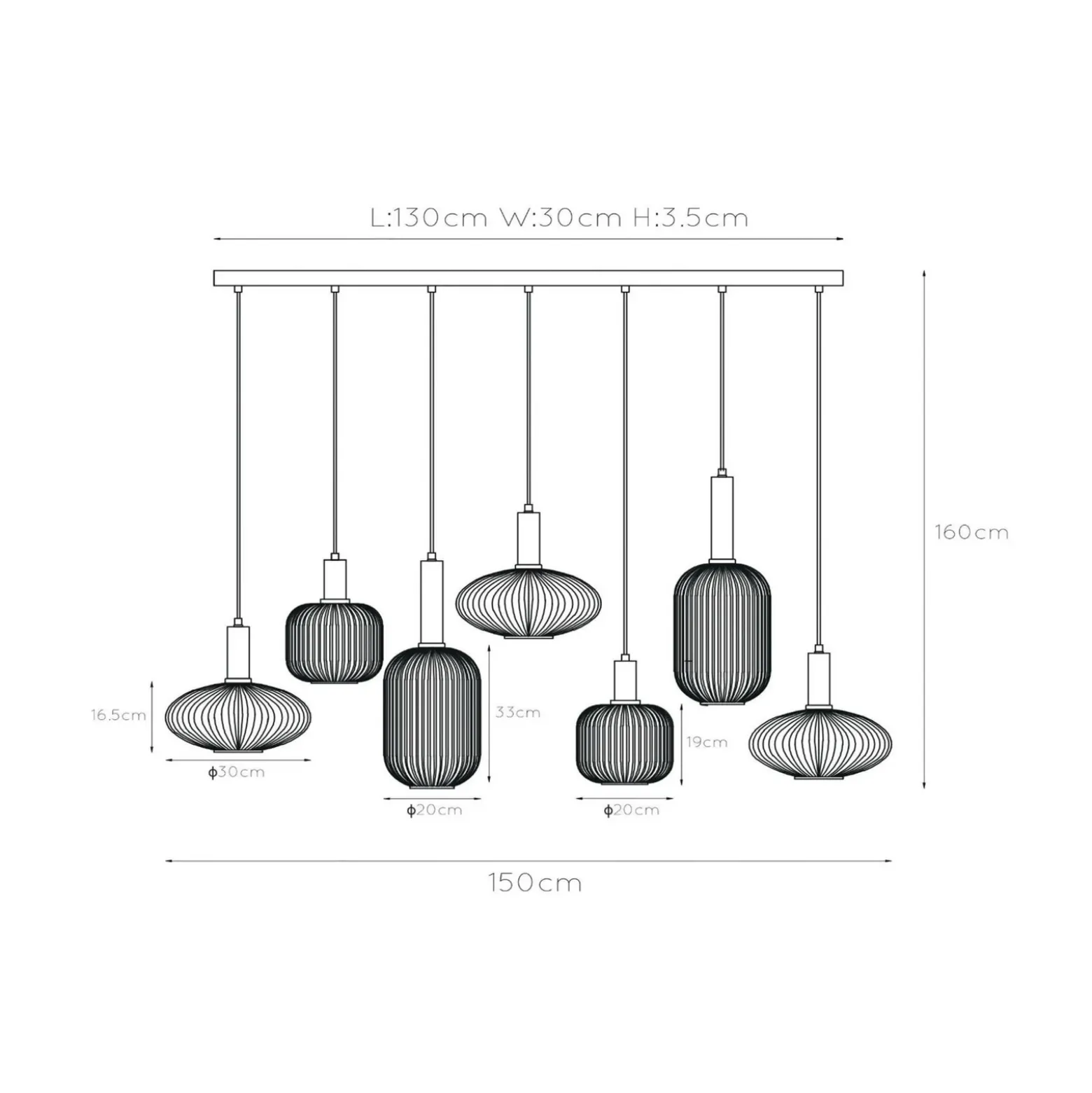 Lámpara colgante Maloto, cristal, 7 luces, ámbar, 150 cm
