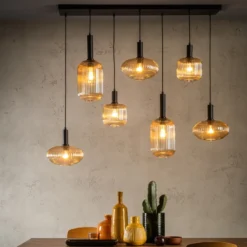 Lámpara colgante Maloto, cristal, 7 luces, ámbar, 150 cm