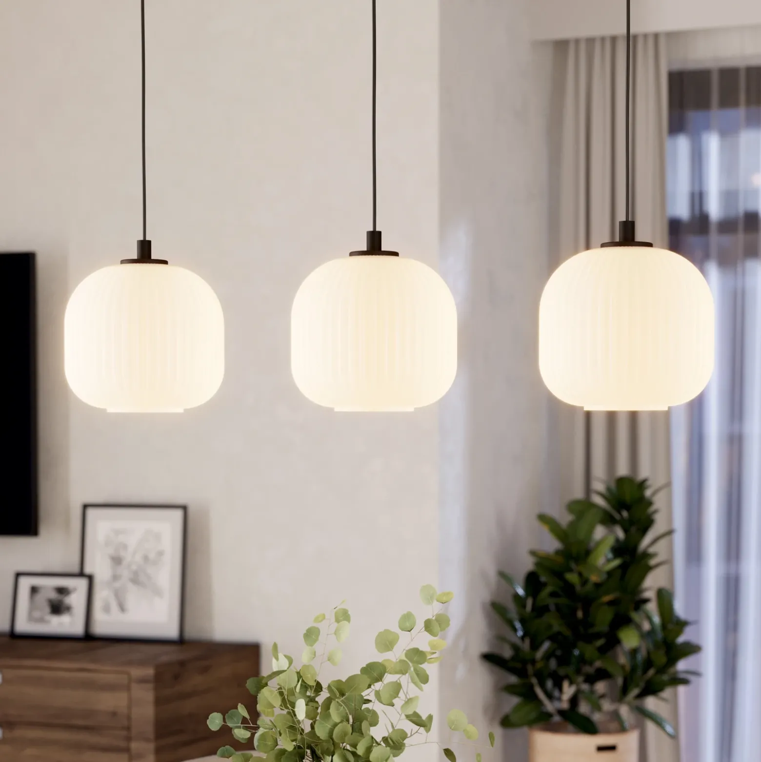 Lámpara colgante Mantunalle, longitud 120 cm, negro/blanco, 3 luces.