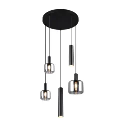 Lámpara colgante Mataro, cromo/negro, Ø 55 cm 5 luces cristal/metal