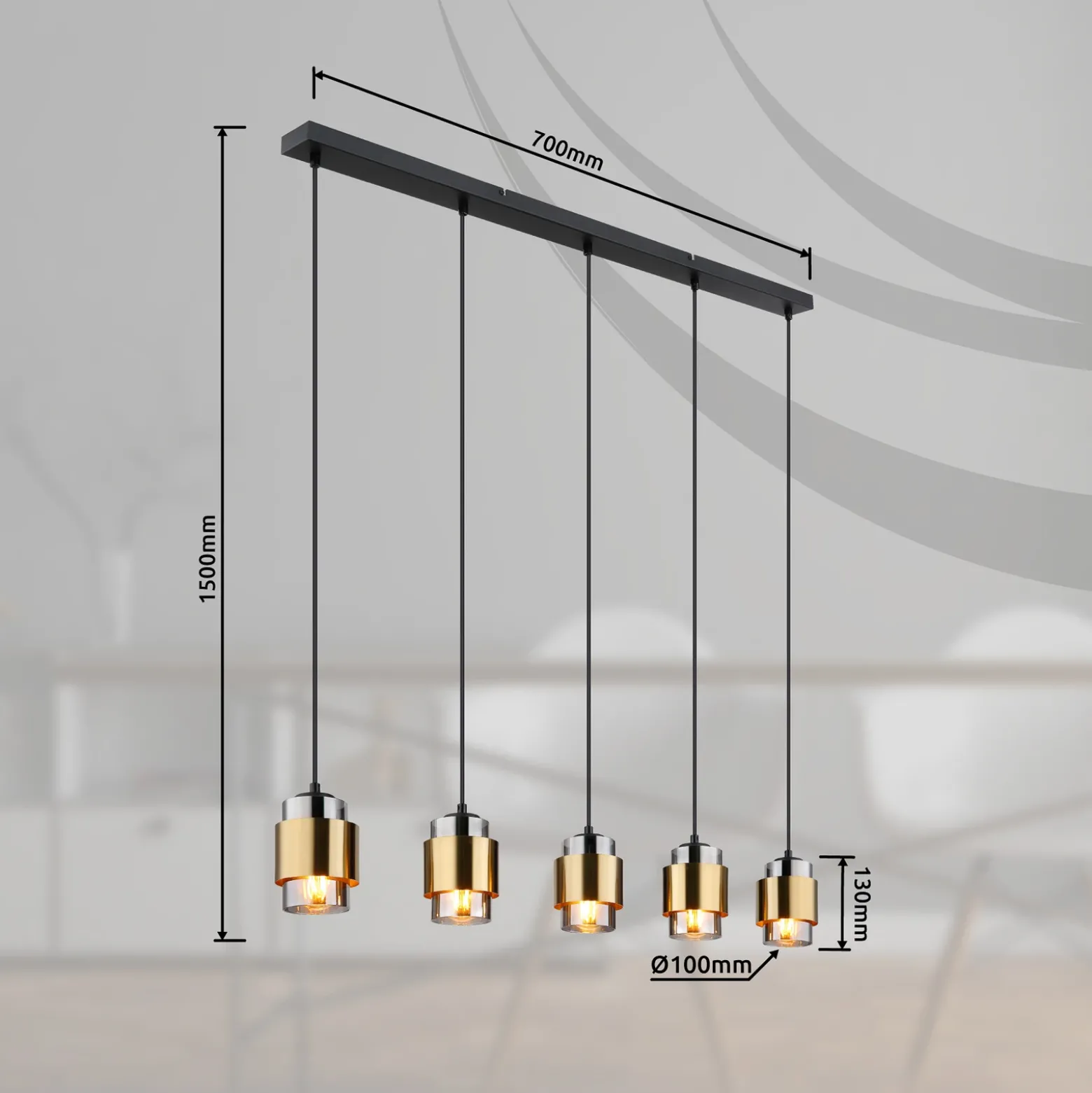 Lámpara colgante Milley, longitud 105 cm, color latón, 5 luces.