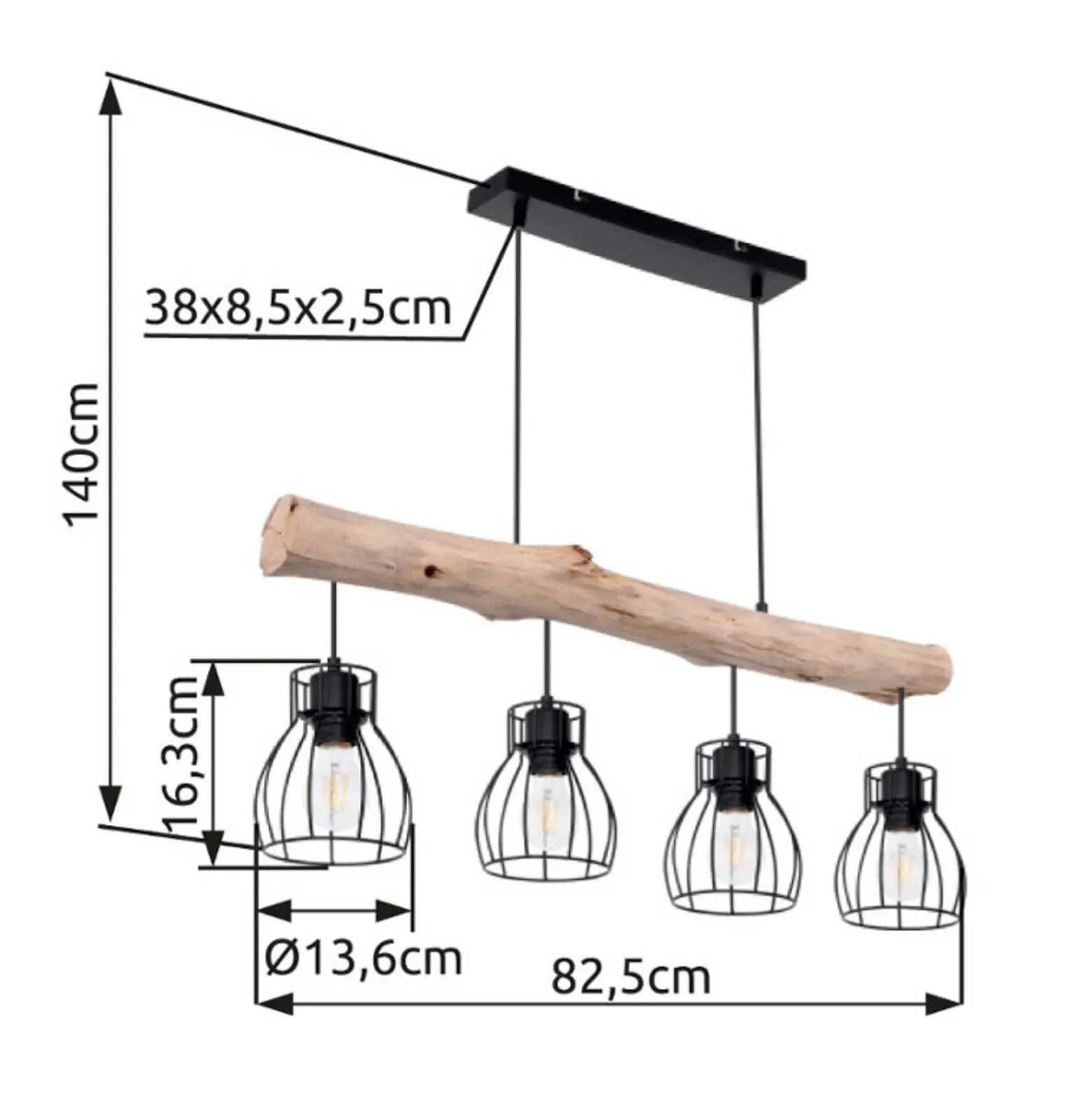 Lámpara colgante Mina, longitud 83 cm, negro/marrón, 4 luces.