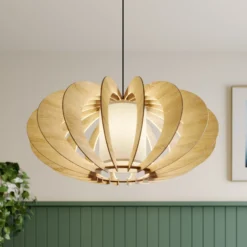 Lámpara colgante Modern A L con láminas de madera, Ø 60 cm