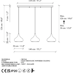 Lámpara colgante Muba, negra, longitud 120 cm, metal