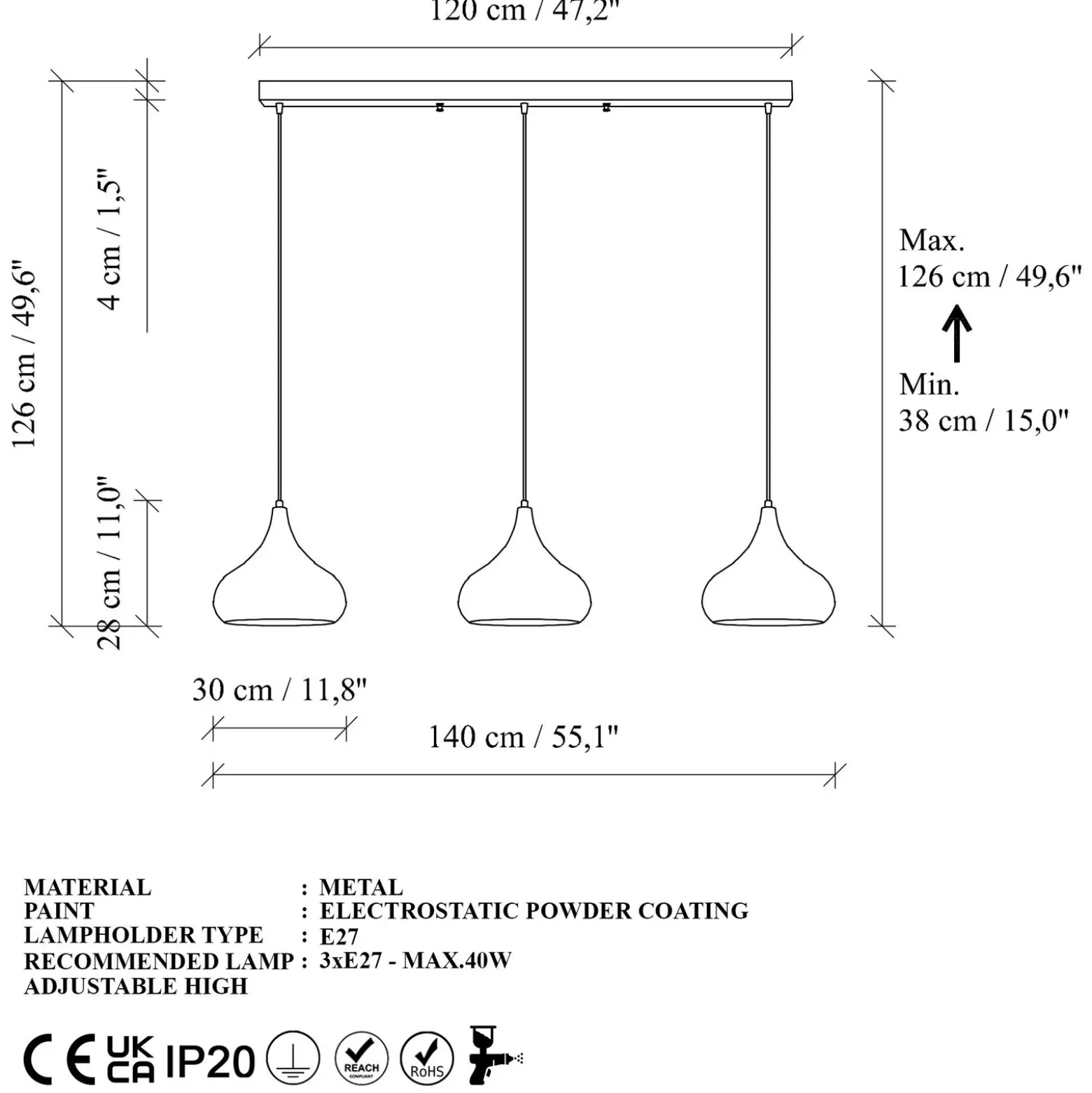 Lámpara colgante Muba, negra, longitud 120 cm, metal