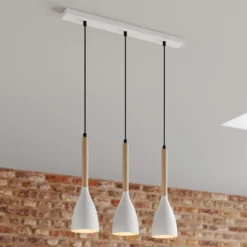 Lámpara colgante Muza, 3 luces, blanco/madera clara