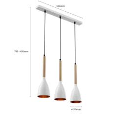 Lámpara colgante Muza, 3 luces, blanco/madera clara
