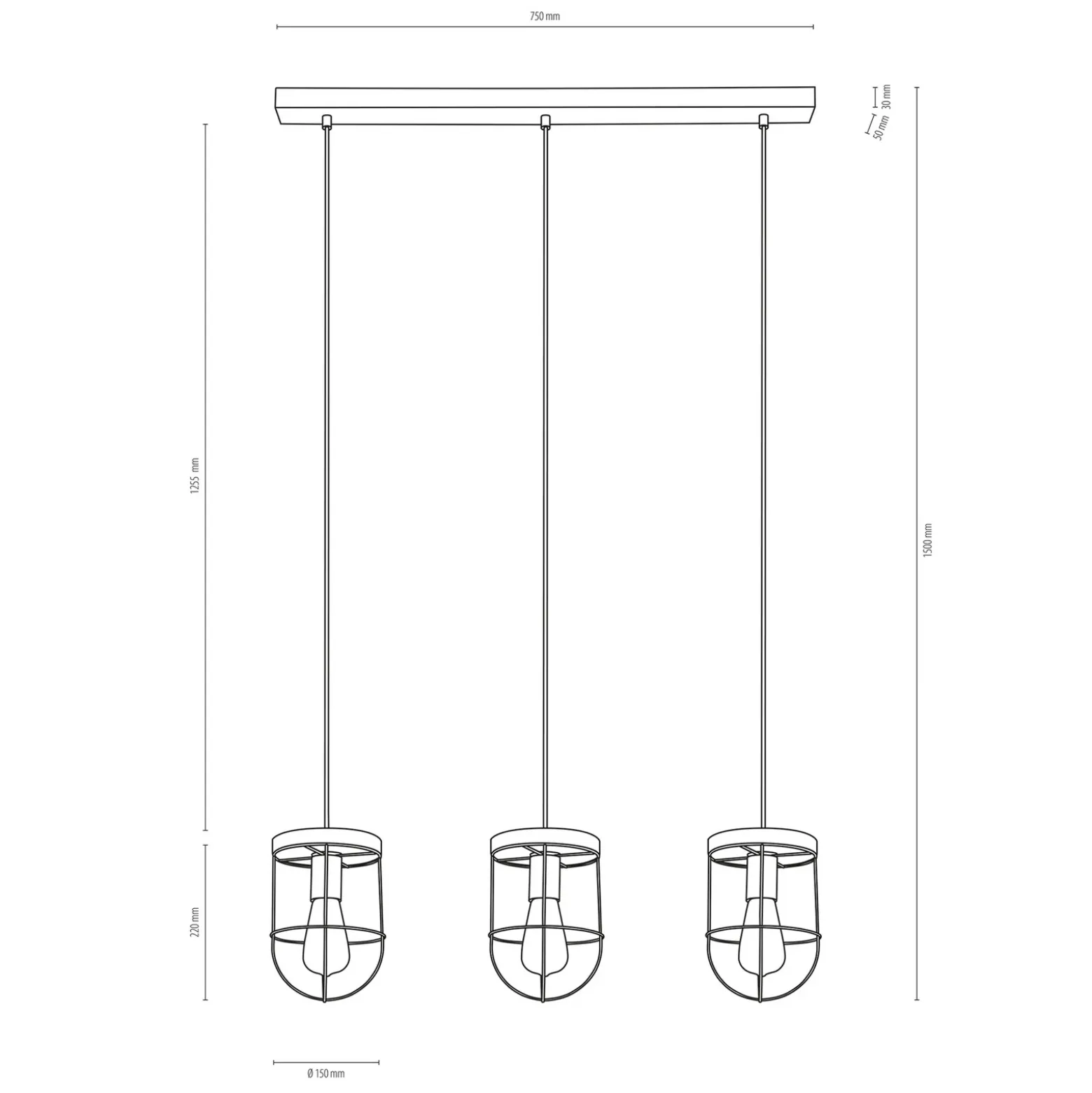 Lámpara colgante Neptuna gris/negra, 76 cm, 3 luces, lineal