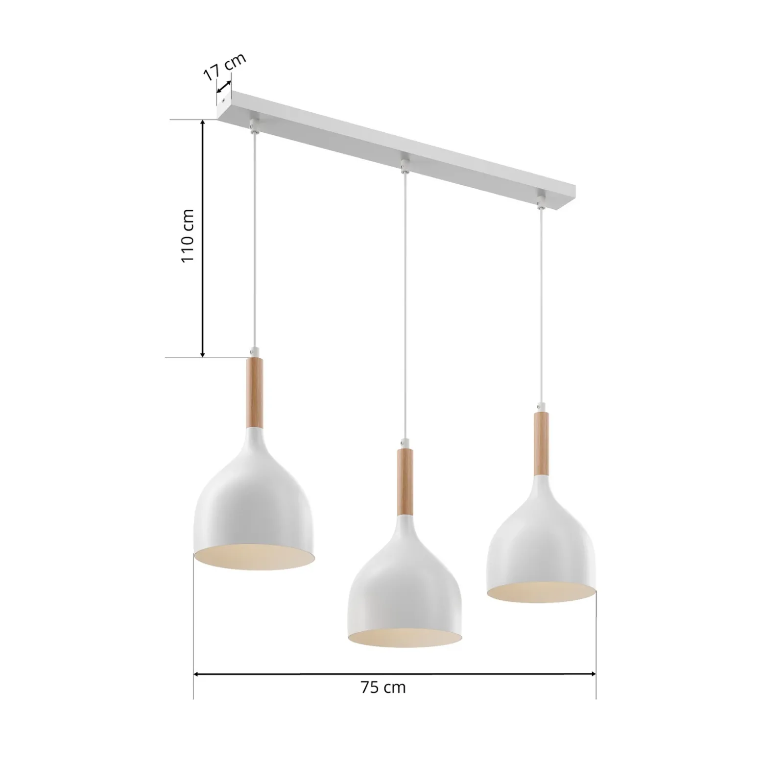 Lámpara colgante Noak, blanco/madera natural, 3 luces larga