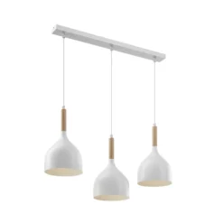 Lámpara colgante Noak, blanco/madera natural, 3 luces larga
