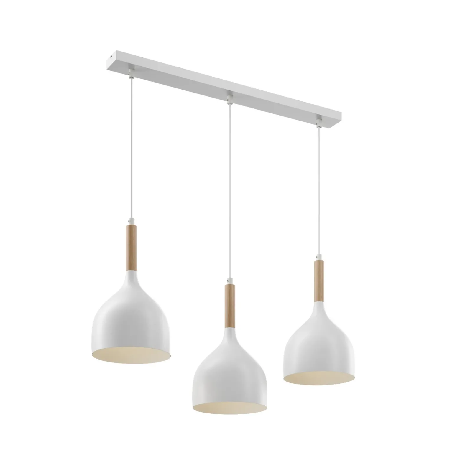 Lámpara colgante Noak, blanco/madera natural, 3 luces larga